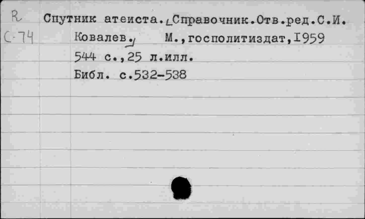 ﻿Спутник атеиста.^Справочник.Отв.ред.С.И
Ковалев^ М.,госполитиздат,1959 544 с.,25 л.илл.
Библ. с.532-538